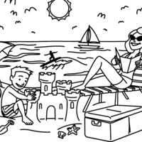 Desenho de Mãe e filho na praia para colorir