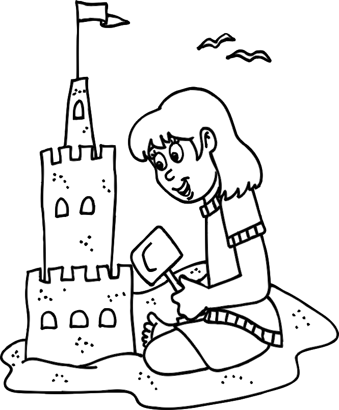 Menina fazendo grande castelo de areia