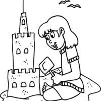 Desenho de Menina fazendo grande castelo de areia para colorir