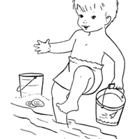 Desenho de Menino pegando conchinha na praia para colorir