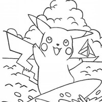 Desenho de Picachu surfando na praia para colorir