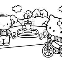Desenho de Hello Kitty na fonte da pracinha para colorir