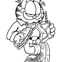 Desenho de Garfield comendo sanduíche e refrigerante para colorir