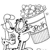 Desenho de Garfield e Odie comendo pipoca para colorir