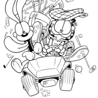 Desenho de Garfield e Odie no carro de golfe para colorir