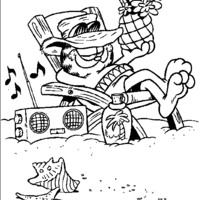 Desenho de Garfield tomando suco na praia para colorir