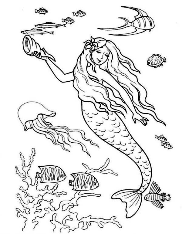 Desenho De Sereia No Mar Com Concha Para Colorir Tudodesenhos