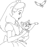 Desenho de Alice com gatinho no colo para colorir