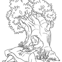 Desenho de Alice dormindo no tronco de árvore para colorir