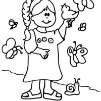 Desenho de Menina, pássaro e borboletas para colorir