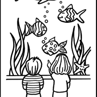 Desenho de Crianças vendo peixes no aquário para colorir