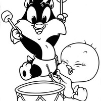 Desenho de Frajola e Piu Piu tocando tambor para colorir