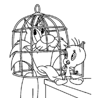 Desenho de Frajola preso na gaiola do Piu Piu para colorir
