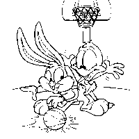 Desenho de Patolino e Pernalonga baby na quadra de basquete para colorir