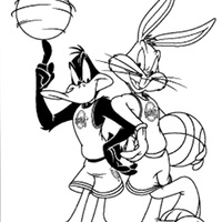 Desenho de Patolino e Pernalonga jogando basquete para colorir