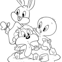 Desenho de Piu Piu, Lola e Pernalonga baby na praia para colorir