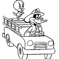 Desenho de Patolino e Piu Piu no carro dos bombeiros para colorir
