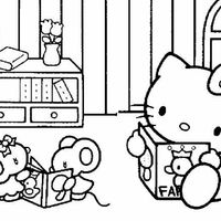 Desenho de Hello Kitty brincando com ratinhos para colorir