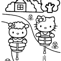Desenho de Hello Kitty e amigo no pula pula para colorir