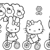 Desenho de Hello Kitty e amigos andando de bicicleta para colorir