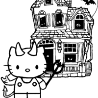 Desenho de Hello Kitty e casa mal assombrada para colorir