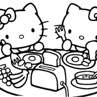 Desenho de Hello Kitty e Mimmy comendo tostadas para colorir