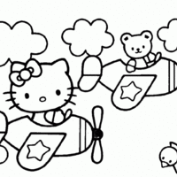 Desenho de Hello Kitty e ursinho no avião para colorir