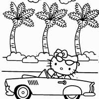 Desenho de Hello Kitty em carro conversível para colorir