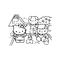 Desenho de Hello Kitty fazendo castelo na areia para colorir