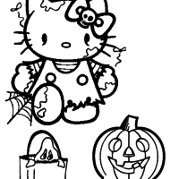 Desenho de Hello Kitty festejando Halloween para colorir
