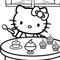 Desenho de Hello Kitty fazendo cupcakes para colorir