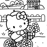 Desenho de Hello Kitty na bibicleta com cestinha para colorir