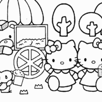 Desenho de Hello Kitty na carrocinha de pipoca para colorir