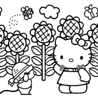 Desenho de Hello Kitty na horta para colorir