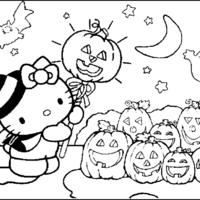 Desenho de Hello Kitty na plantação de abóboras para colorir