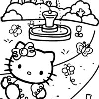 Desenho de Hello Kitty passeando na pracinah para colorir