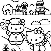 Desenho de Hello Kitty passeando com amiguinha para colorir