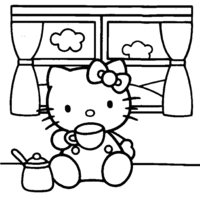 Desenho de Hello Kitty tomando café para colorir