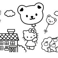 Desenho de Hello Kitty voando no balão para colorir