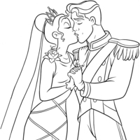 Desenho de Tiana beijando príncipe para colorir