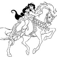 Desenho de Aladdin e Jasmine andando a cavalo para colorir
