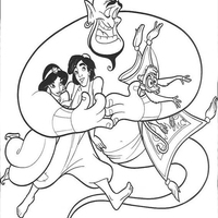 Desenho de Gênio abraçando Jasmine e Aladdin para colorir