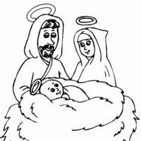 Desenho de Maria e José cuidando de Jesus para colorir