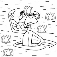 Desenho de Pantera Cor-de-Rosa no lago entre nenúfares para colorir