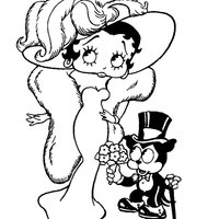 Desenho de Betty Boop elegante e gato de bengala para colorir