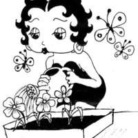 Desenho de Betty Boop regando flores para colorir