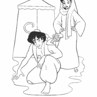 Desenho de Jasmine encontrando Aladdin e Abu para colorir