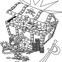 Desenho de Baú de joias e espada pirata para colorir