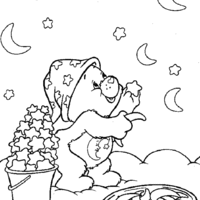 Desenho de Ursinho Feliz colocando estrelinhas no céu para colorir