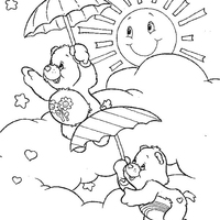 Desenho de Ursinhos Carinhosos voando com guarda-chuva para colorir